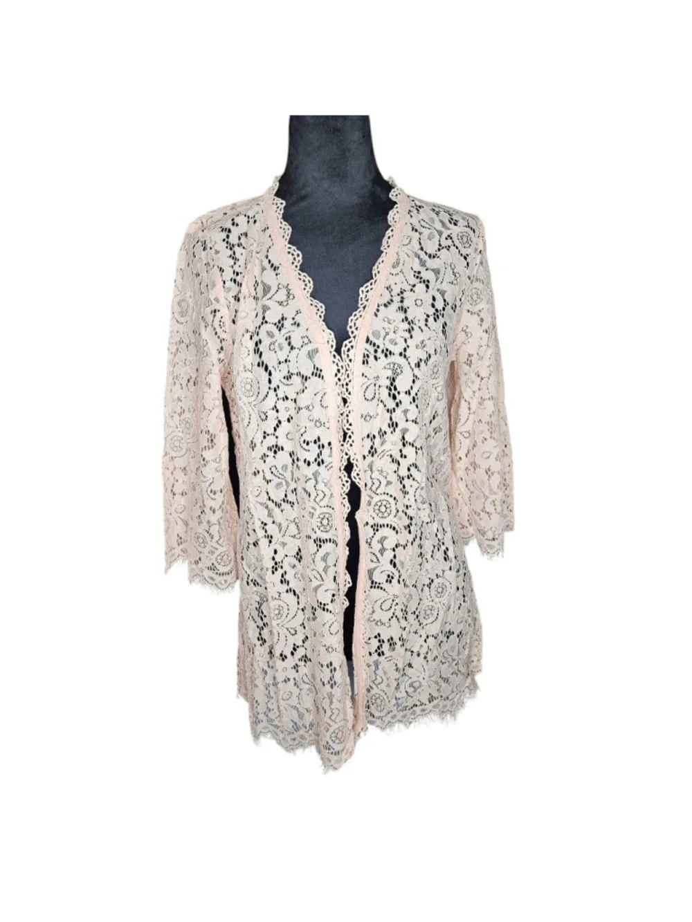 Isaac Mizrahi Live! XS Light Pink Lace 3/4 Sleeve Floral Lace Cardigan - Picture 3 of 9